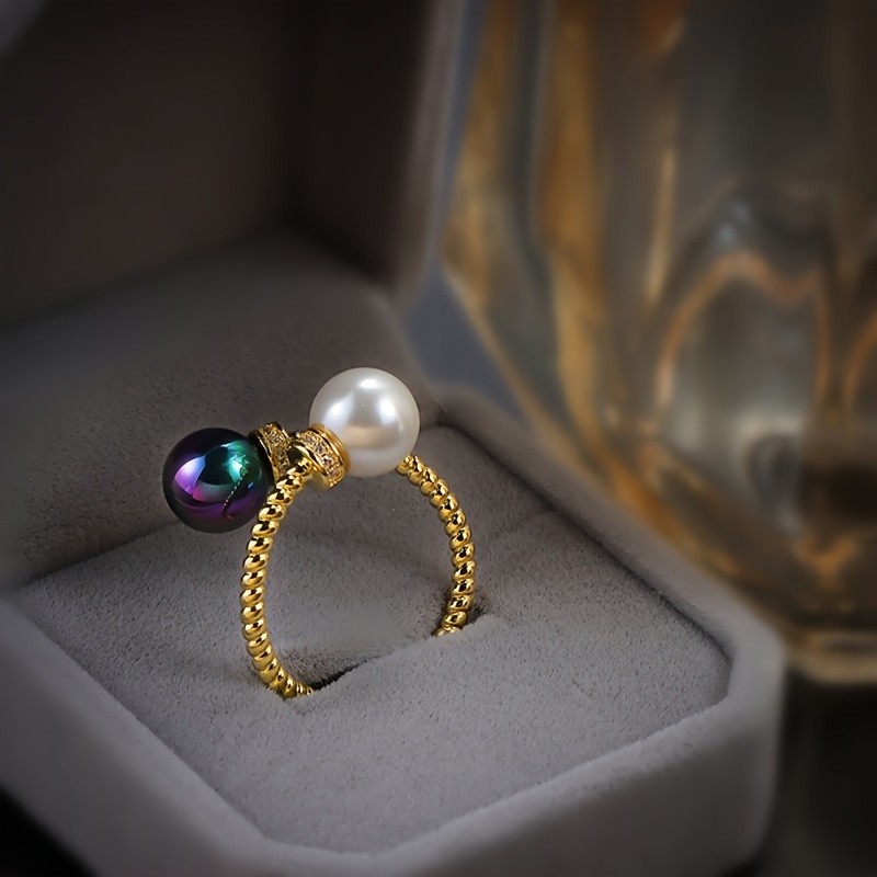 Elegant Vintage Cuff Ring for Women | Synthetic Double-Hued Imitation Pearl | Copper Twisted Cuff Design | Versatile High-End Fashion Accessory | Ideal for Valentine's Day & All-Season Gifting | No Power Supply Required - 1 Piece