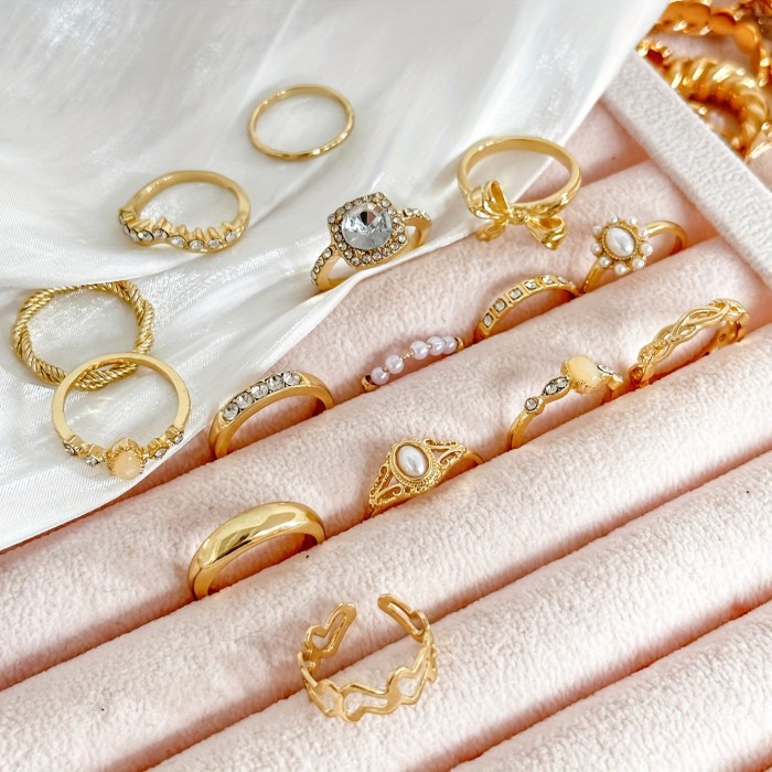 15-Piece Vintage Elegant Stacking Rings Set - Alloy with Rhinestone and Imitation Pearl Accents, Heart & Bowknot Designs, Geometric & Twist Patterns, Versatile for Daily Wear