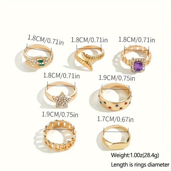 7pcs Sparkling 18k Gold Plated Stacking Rings with Snake, Chain, Star, and Signet Designs - Perfect for Daily Outfits and Party Decor, Paved with Shining zirconia