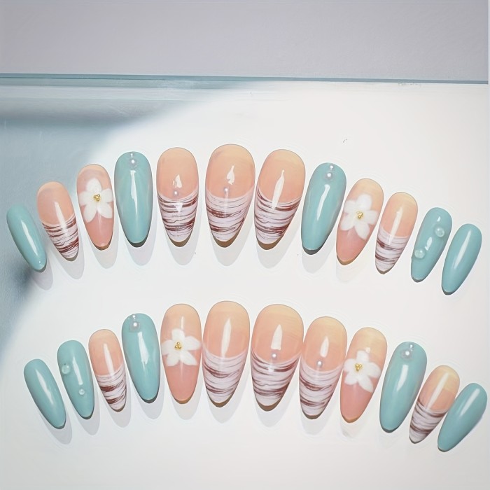 24pcs 3D Full Cover Press-On Nails, Mixed Color, Almond Shape, Long Length, Floral & Gradient Pattern, Glossy Finish, with Rhinestones, Fake Nail Tips for Manicure