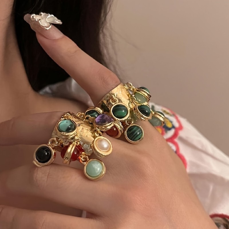 Elegant Boho-Style 14K Gold Plated Ring Set with Assorted Glass Gemstones, Copper Base, Versatile for Daily Wear and Parties - Pack of 1