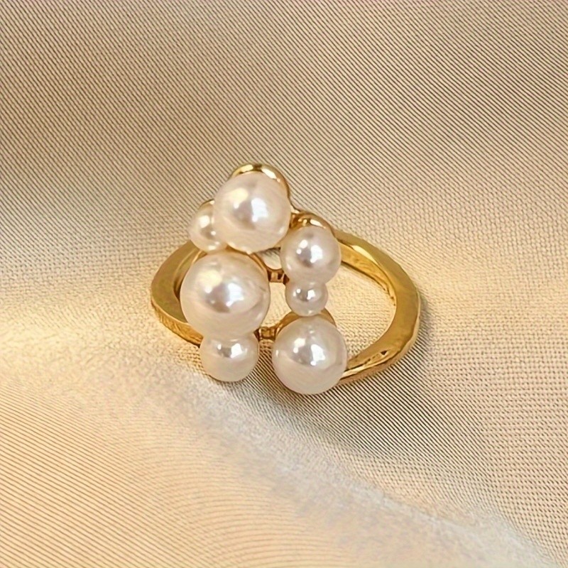 Elegant Vintage Adjustable Cuff Ring for Women, 14K Golden Plated Copper, Imitation Pearl Embellished, Versatile for Daily Wear and Parties