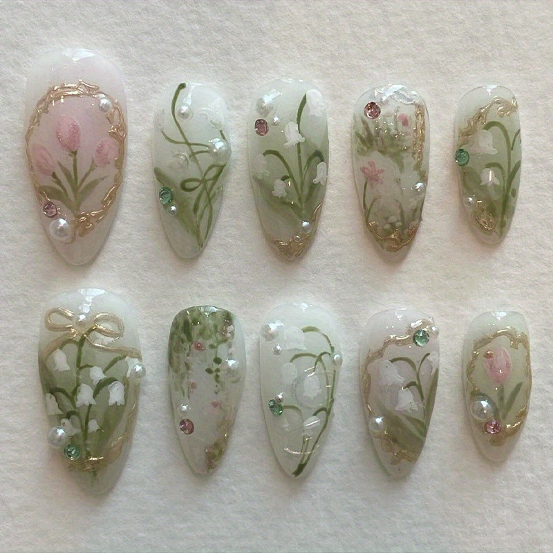 24pcs Floral Gradient Press-On Nails, Mixed Green Tones, Long Coffin Shape, Glossy Finish with Rhinestones, Removable 3D Nail Art Set
