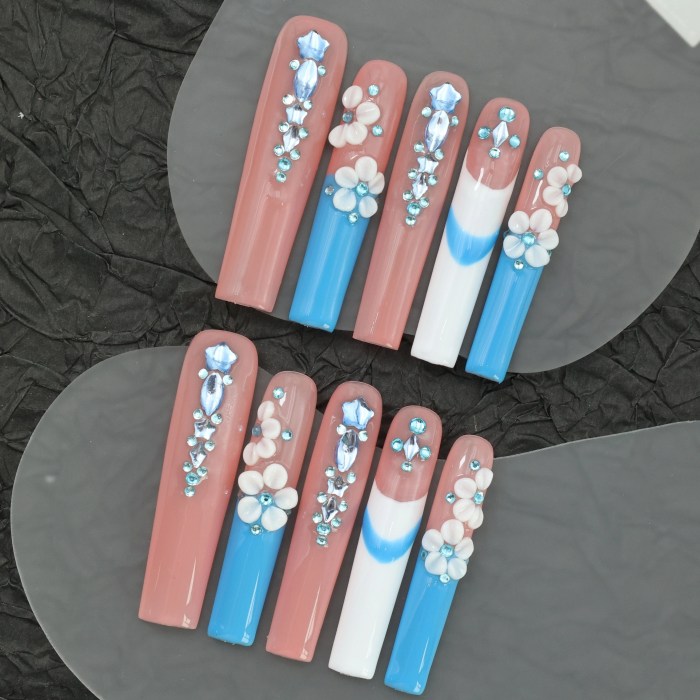 10pcs Handmade Press-On Nails Set - Extra Long Ballet Shape with Rhinestones & Floral Design, Includes Glue & File - Perfect for Parties, Music Festivals & Everyday Glam