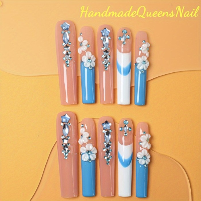 10pcs Handcrafted Ballerina Press-On Nails Set - Extra Long, 3D Floral & Gemstone Designs with Rhinestones, Full Coverage, Reusable False Nails for Women