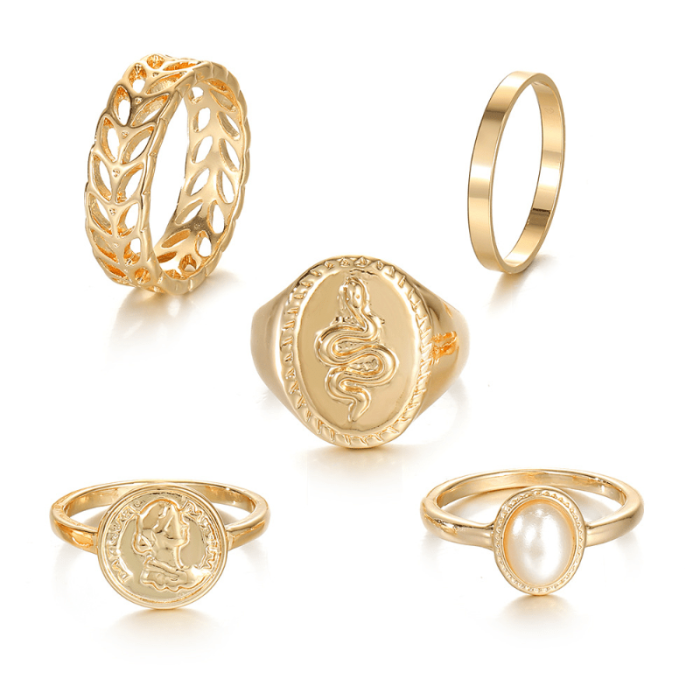 Vintage & Trendy Adjustable Open Rings Set with Embossed Portrait & Synthetic Gems, Alloy Fashion Ring Combo for All Seasons - Ideal for Daily & Party Occasions