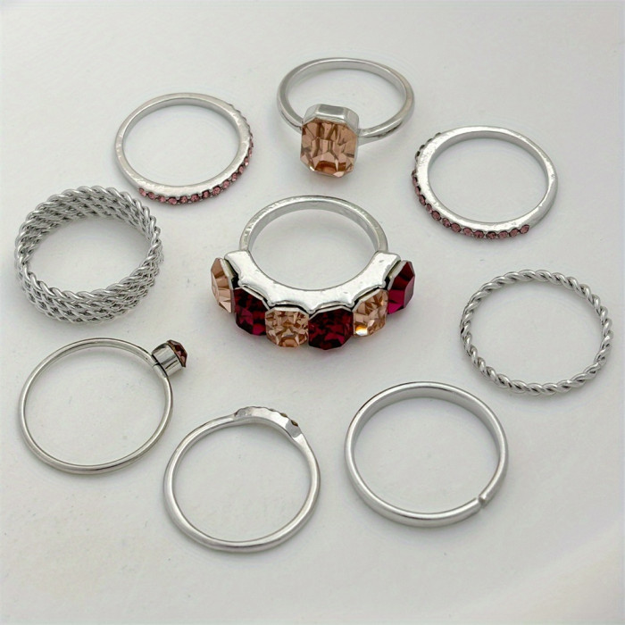 Elegant 9-Piece Fashion Ring Set for Women, Valentine's Gift, Zinc Alloy with 18K Golden Plating, Ring Sizes 16-18mm, Versatile Jewelry for Daily Wear, Parties & Weddings