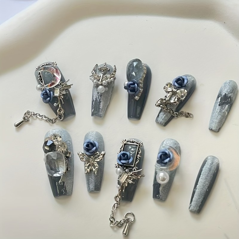 10pcs Handcrafted Blue Glitter Press-On Nails Set - Long Ballerina Shape with Luxurious Rose & Pearl Accents, Perfect for Parties & Everyday Elegance