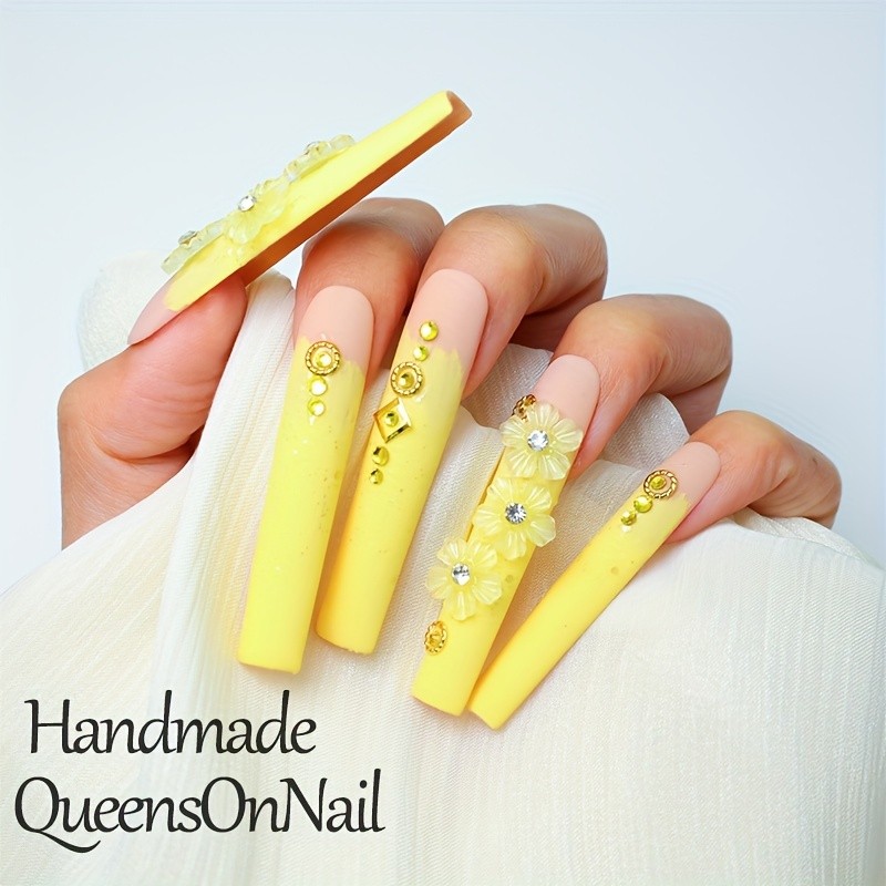 10pcs Handmade French Long Square Press-On Nails Set - Glossy Yellow with Rhinestones & Floral Design, Reusable Matte Finish Fake Nails for Everyday & Party Wear