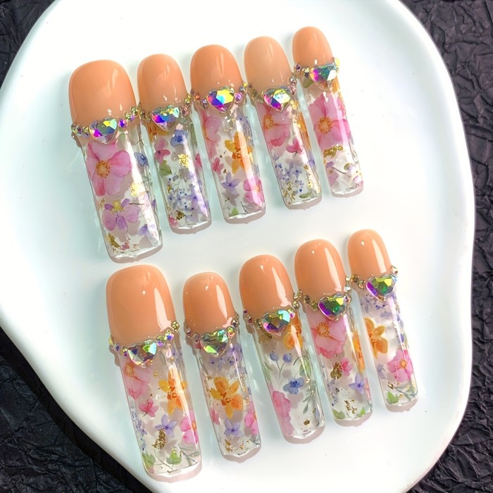 10 Pcs 1.69inch Long 2XL Long Water Nail Simulation with Mixed Color Flowers, Heart, and AB Crystal Glass Drill - Handmade Wearable Nail Tips for Parties, Weddings, and Fall\u002FWinter Seasons