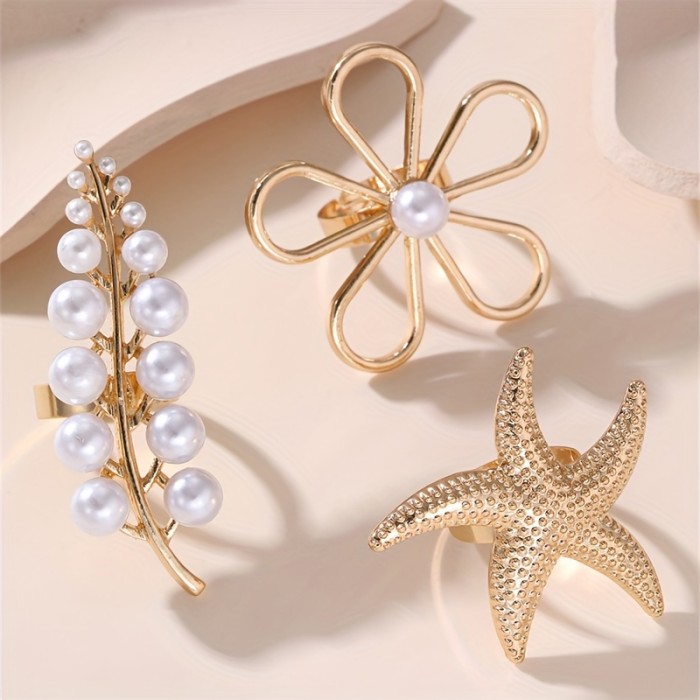 Elegant Faux Pearl & Leaf Hollow Flower Ring - Starfish Charm, Vintage-Inspired Alloy Statement Piece for Women - Perfect for Parties & Gifts