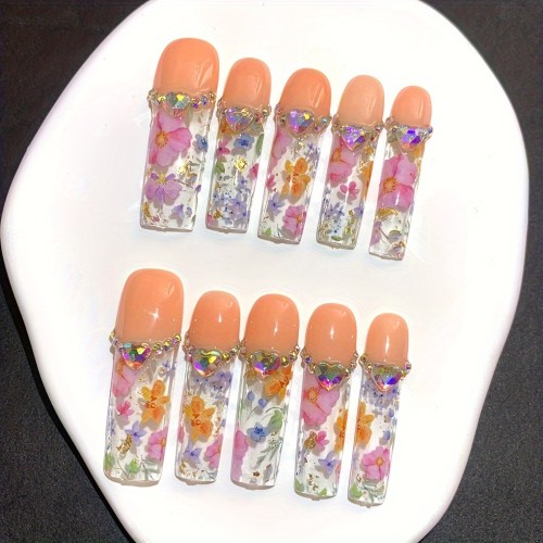 10 Pcs 1.69inch Long 2XL Long Water Nail Simulation with Mixed Color Flowers, Heart, and AB Crystal Glass Drill - Handmade Wearable Nail Tips for Parties, Weddings, and Fall\u002FWinter Seasons
