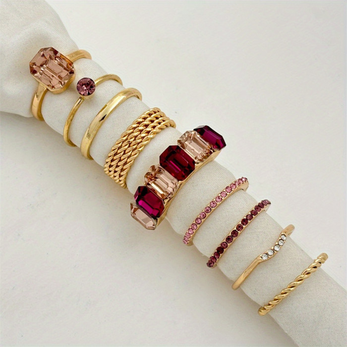 Elegant 9-Piece Fashion Ring Set for Women, Valentine's Gift, Zinc Alloy with 18K Golden Plating, Ring Sizes 16-18mm, Versatile Jewelry for Daily Wear, Parties & Weddings