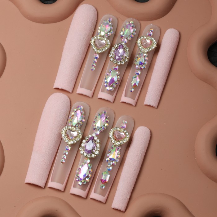 Elegant Pink Matte Press-On Nails with Sparkling Rhinestones - Ultra Long Square French Tip Fake Nails for Women, Reusable & Easy to Apply