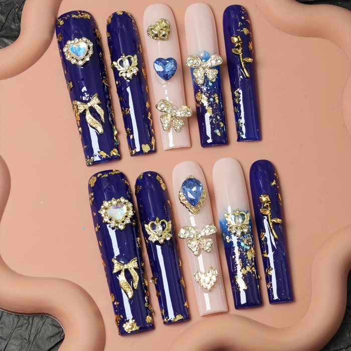 10pcs Handmade Extra Long Square Press-On Nails Set - Glossy Blue Gradient with Rhinestones & Flowers, Reusable Fake Nails for Everyday Elegance
