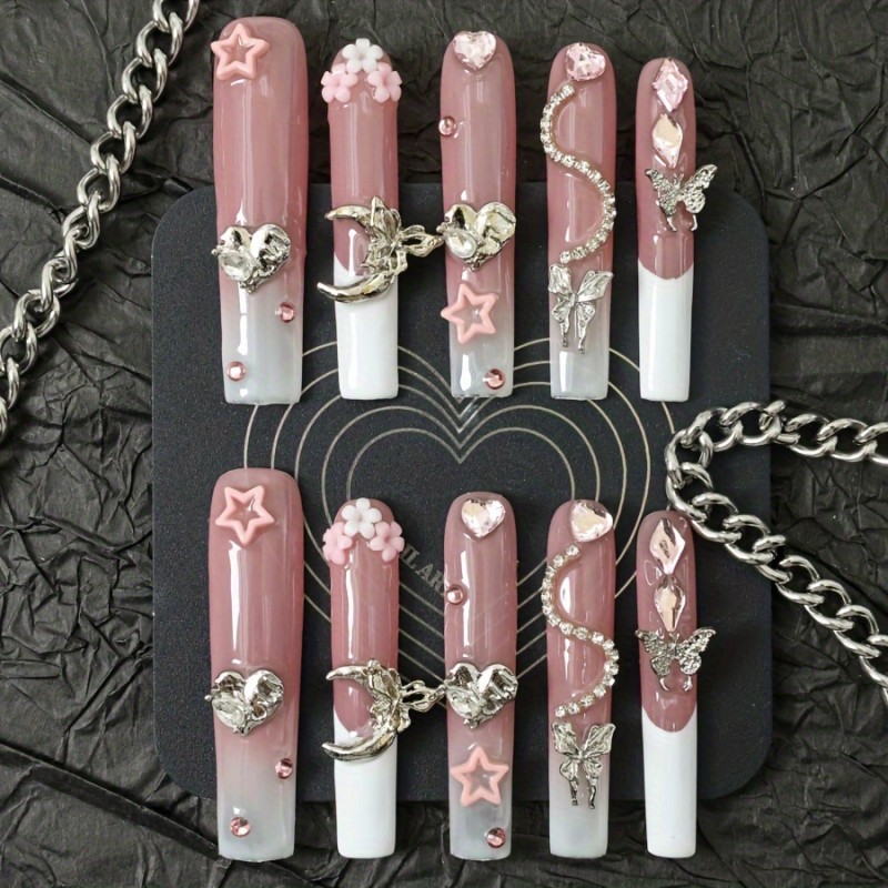 10-Piece Set Super Long Ballet Press-On Nails with Butterfly & Flower Rhinestones, Mixed Tones, Glossy Finish, Handmade Full Coverage Nail Art Tips, Reusable & Durable