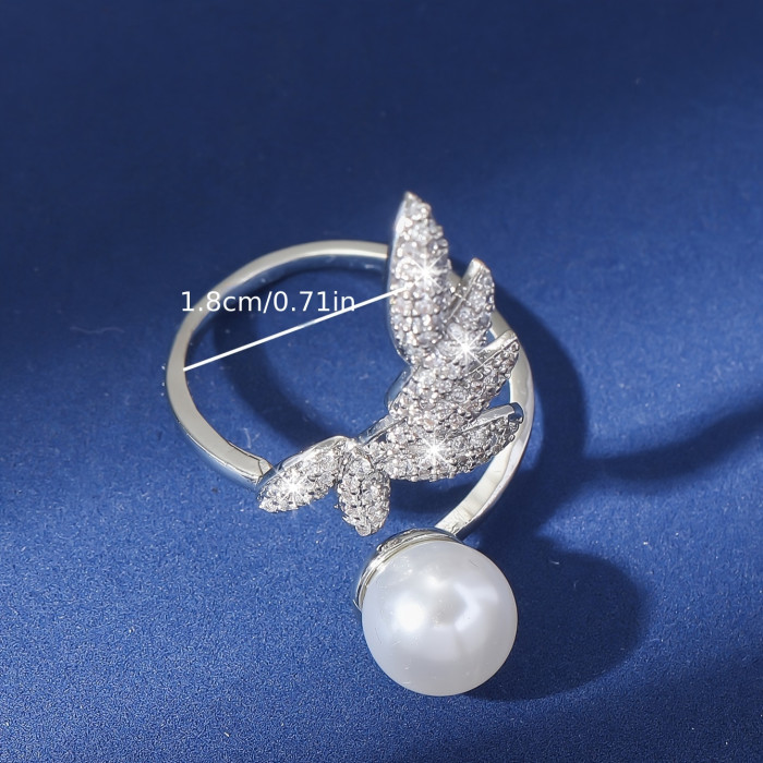Elegant Adjustable Leaf & Faux Pearl Ring - Vintage Boho Chic, Cubic Zirconia Accents, Copper with Sparkling Stones, Perfect for Parties & Vacations - Women's Fashion Accessory
