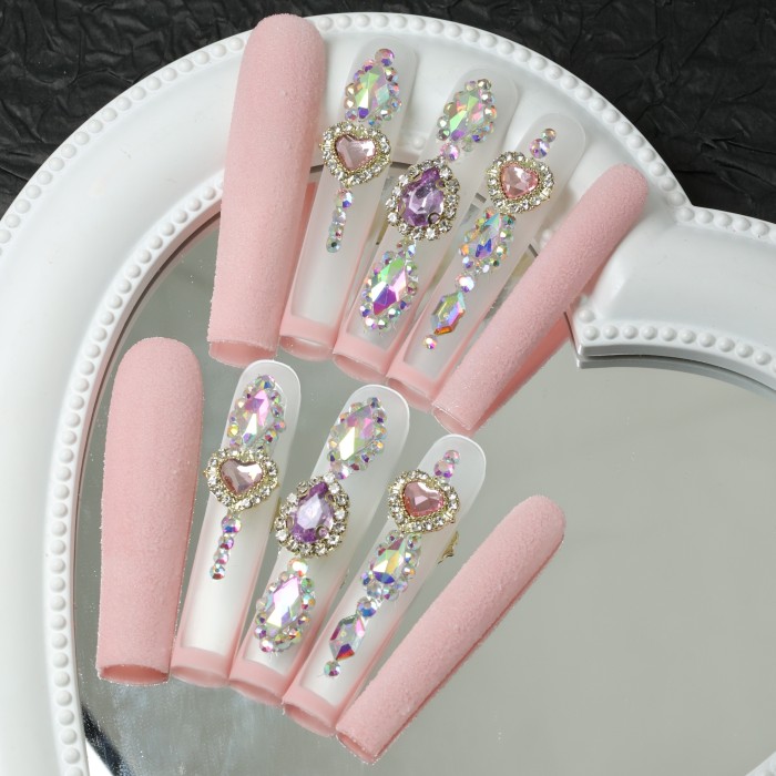 Elegant Pink Matte Press-On Nails with Sparkling Rhinestones - Ultra Long Square French Tip Fake Nails for Women, Reusable & Easy to Apply