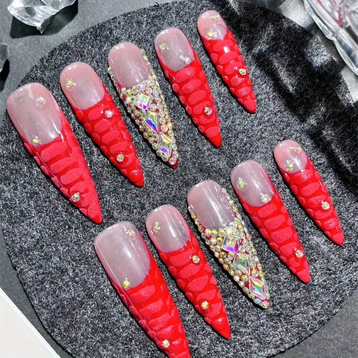 10Pcs Handmade Press On Nails Kit Long Stiletto Red Bling Glitter Glistening Iridescent Luxurious Rhinestone Decor Japanese Style Modern Elegant Minimalist Korea Style Fresh Design Chic French Style Neutral Classical Cute