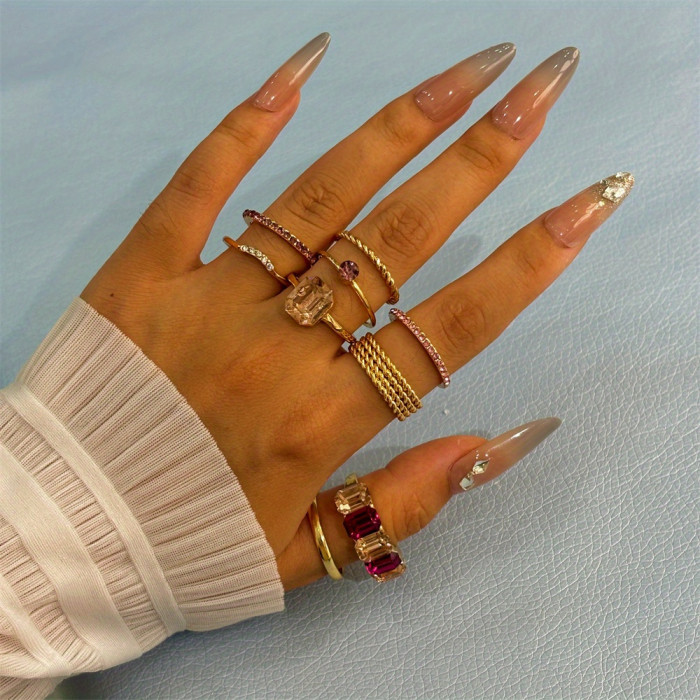 Elegant 9-Piece Fashion Ring Set for Women, Valentine's Gift, Zinc Alloy with 18K Golden Plating, Ring Sizes 16-18mm, Versatile Jewelry for Daily Wear, Parties & Weddings