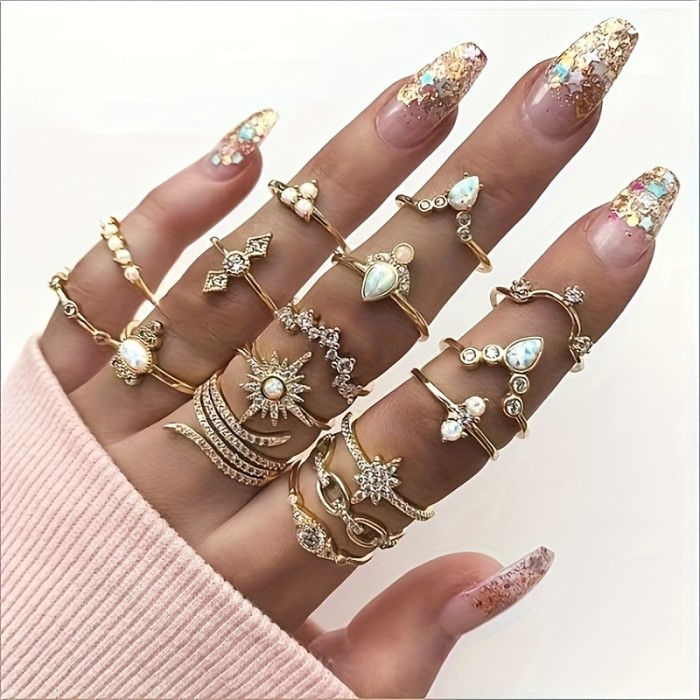 16pcs Bohemian Style Rings Set, 14K Golden Plated, Faux Crystal, Alloy, Fashion Stackable Rings for Women, Versatile for Daily Wear and Parties, All-Season Accessory