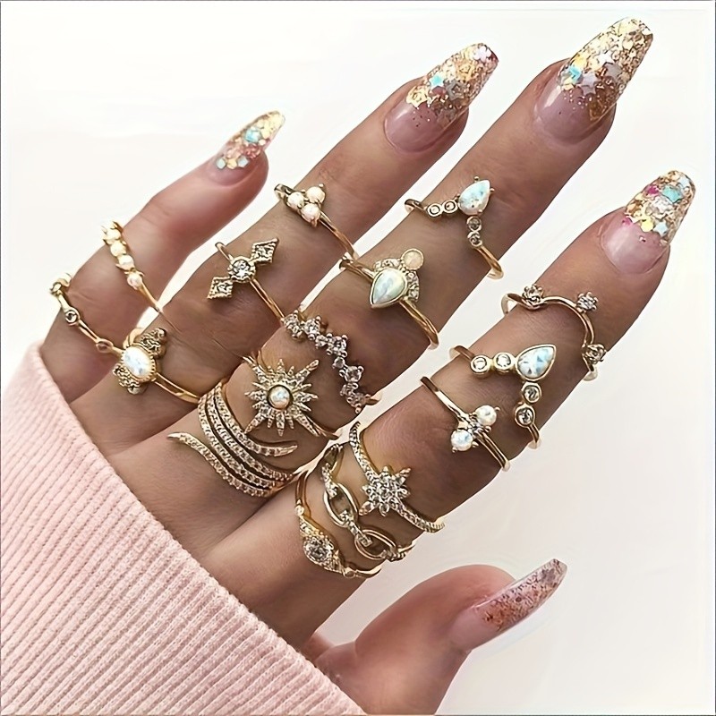 16pcs Bohemian Style Rings Set, 14K Golden Plated, Faux Crystal, Alloy, Fashion Stackable Rings for Women, Versatile for Daily Wear and Parties, All-Season Accessory