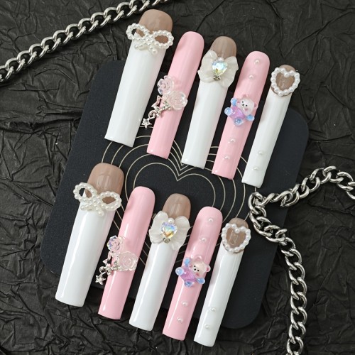 10pcs Hand-Pressed False Nails Set - Ultra-Long Ballet Style, Mixed Colors with 3D Flowers, Pearls, Bows, Dolls, Bears Patterns, Glossy Finish, Durable & Reusable, Easy Application, for Parties\u002FGatherings\u002FWeddings, Fashion Accessories