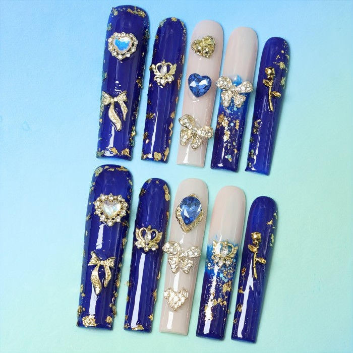 10pcs Handmade Extra Long Square Press-On Nails Set - Glossy Blue Gradient with Rhinestones & Flowers, Reusable Fake Nails for Everyday Elegance