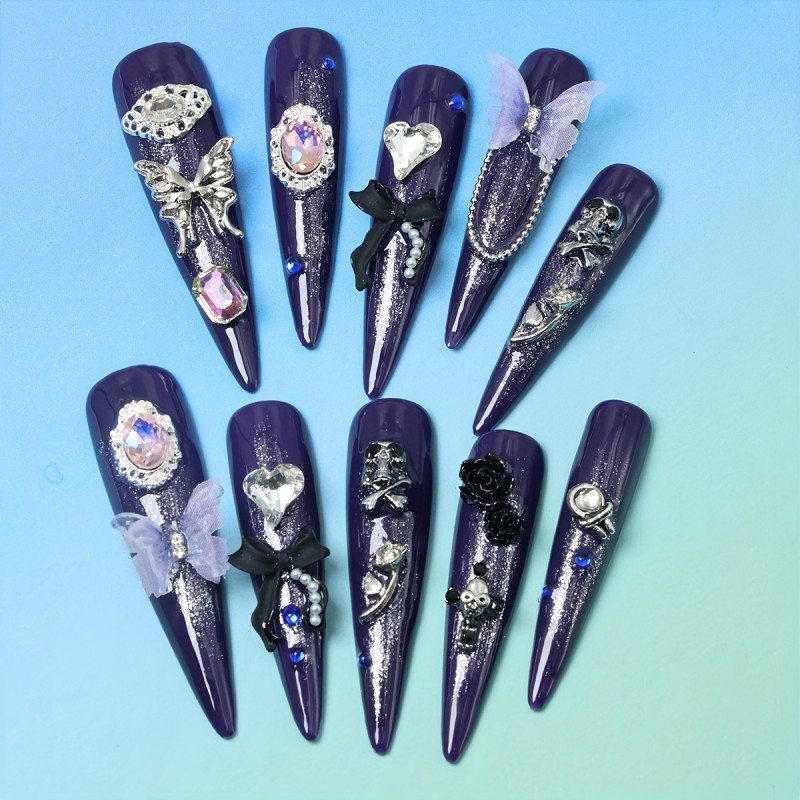 10pcs Handmade Purple Glossy Press-On Nails Set - Extra Long Stiletto with Rhinestones & Floral Design, Reusable Fake Nails for Everyday & Halloween Parties