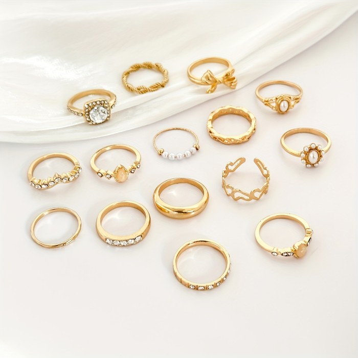 15-Piece Vintage Elegant Stacking Rings Set - Alloy with Rhinestone and Imitation Pearl Accents, Heart & Bowknot Designs, Geometric & Twist Patterns, Versatile for Daily Wear