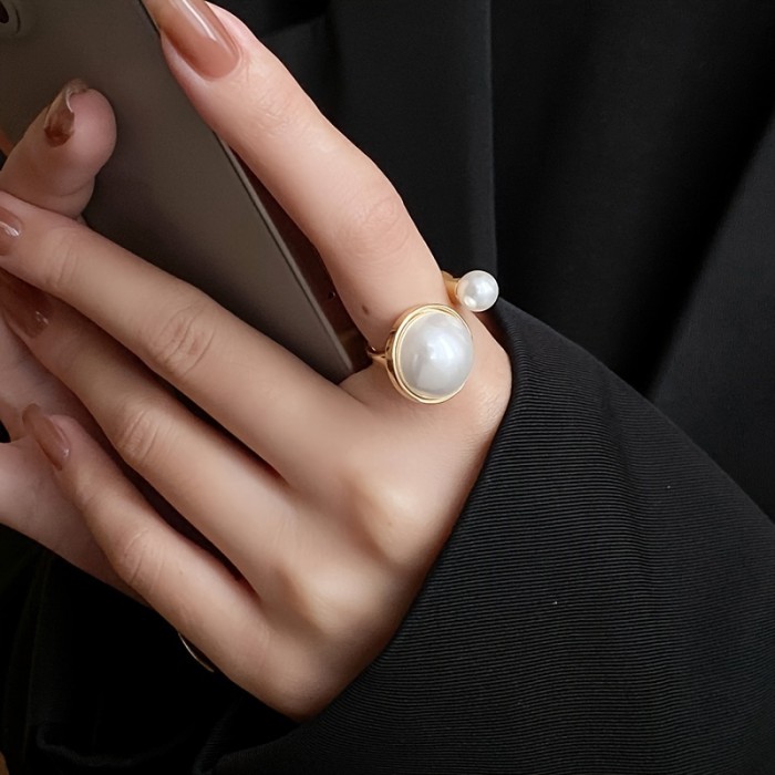 Elegant Vintage-Inspired 14K Gold Plated Adjustable Faux Pearl Ring, Round Statement Jewelry For Women Summer Daily