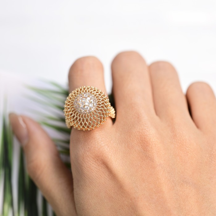 Elegant 18K Golden Plated Copper Ring with Arabian Fashion Style, zirconia Mosaic - Versatile for Daily Wear & Parties, Ideal Valentine'S Day Gift