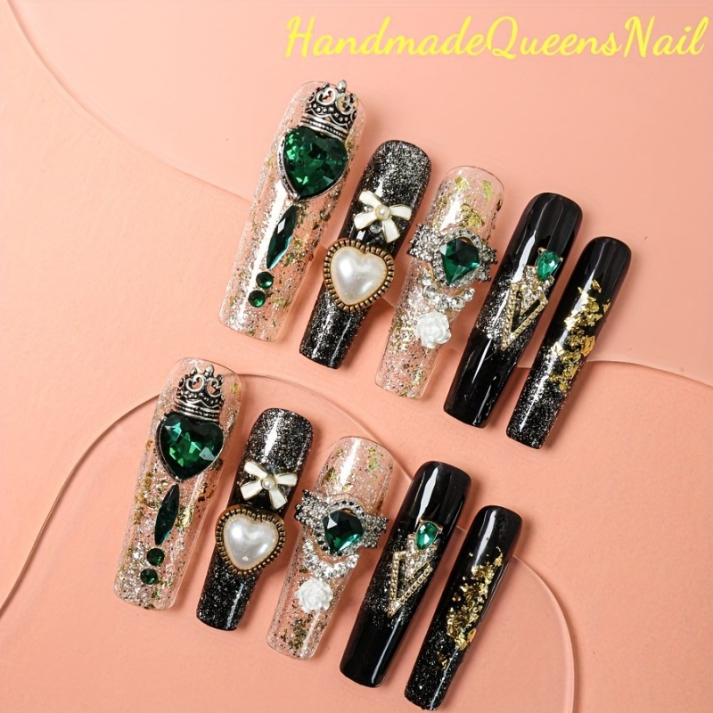 Luxe Handcrafted Press-On Nails Set - 10pcs Ultra-Long Ballerina Shape With Sparkling Rhinestones, Pearls & Floral Designs | Easy Apply & Reusable For Women And Girls