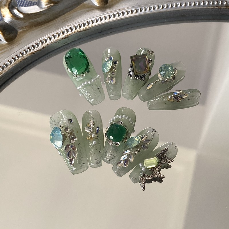 10 Pcs Handcrafted Press-On Nail Decals - Elegant Green Hues, Ballet Shape, Long Length, Sparkling Flower and Rhinestone Designs