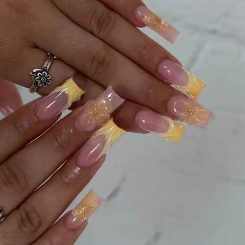 24-Piece 3D Flower Nail Art Set with Jelly Glue and Nail File - Glossy Finish, Ballet Shape, Medium Length, Yellow Floral Pattern Nail Tips with Rhinestone Accents