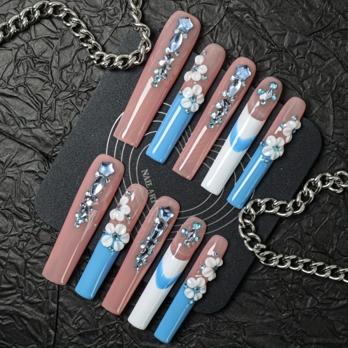 10pcs Handcrafted Ballerina Press-On Nails Set - Extra Long, 3D Floral & Gemstone Designs with Rhinestones, Full Coverage, Reusable False Nails for Women