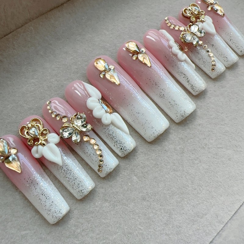 Luxurious 3D Floral Press-On Nails with Sparkling Rhinestones - Set of 10 for Full Coverage - Perfect for Special Occasions - Long, Square Shape - Nude and Pink Hues - Shiny Finish