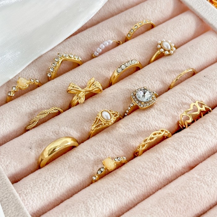 15-Piece Vintage Elegant Stacking Rings Set - Alloy with Rhinestone and Imitation Pearl Accents, Heart & Bowknot Designs, Geometric & Twist Patterns, Versatile for Daily Wear