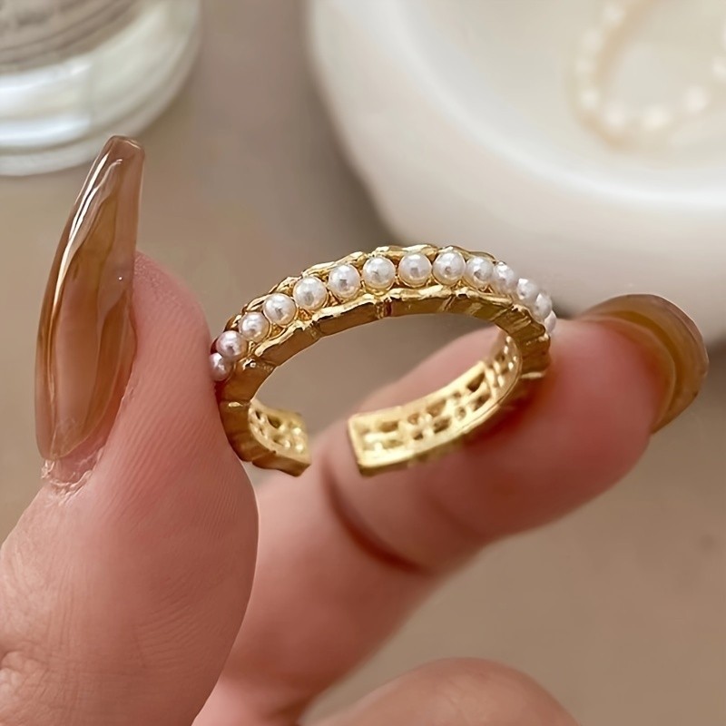 Vintage Elegant Cuff Ring with 18K Golden Plated Band and Imitation Pearls, Adjustable Open Bamboo Joint Design Ring for Daily and Party Occasions, Mardi Gras Day Pearl Jewelry Accessory, All Seasons Fit