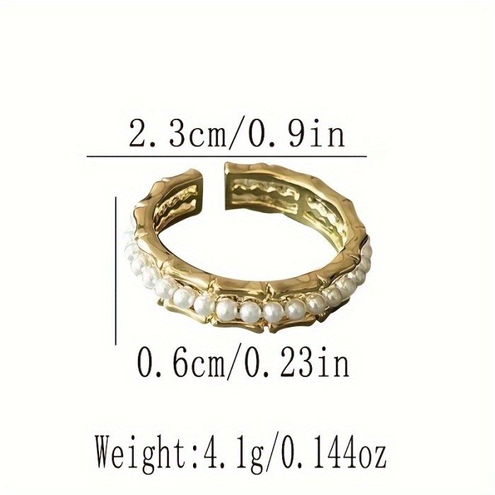 Vintage Elegant Cuff Ring with 18K Golden Plated Band and Imitation Pearls, Adjustable Open Bamboo Joint Design Ring for Daily and Party Occasions, Mardi Gras Day Pearl Jewelry Accessory, All Seasons Fit
