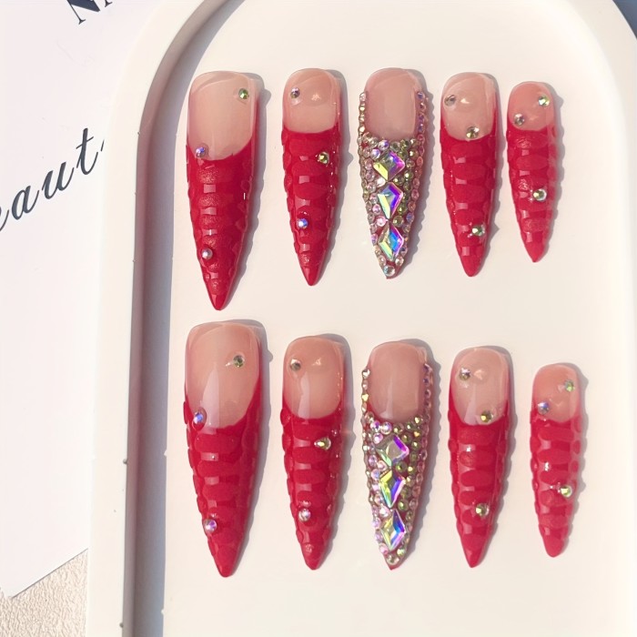 10Pcs Handmade Press On Nails Kit Long Stiletto Red Bling Glitter Glistening Iridescent Luxurious Rhinestone Decor Japanese Style Modern Elegant Minimalist Korea Style Fresh Design Chic French Style Neutral Classical Cute