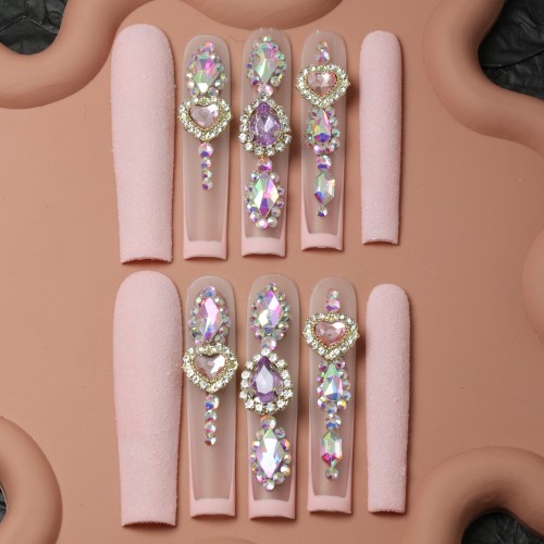 Elegant Pink Matte Press-On Nails with Sparkling Rhinestones - Ultra Long Square French Tip Fake Nails for Women, Reusable & Easy to Apply