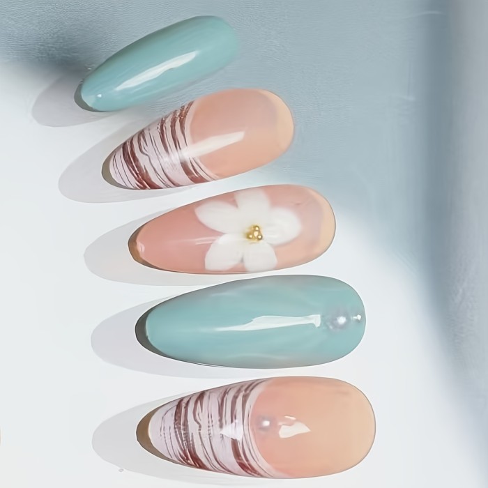 24pcs 3D Full Cover Press-On Nails, Mixed Color, Almond Shape, Long Length, Floral & Gradient Pattern, Glossy Finish, with Rhinestones, Fake Nail Tips for Manicure