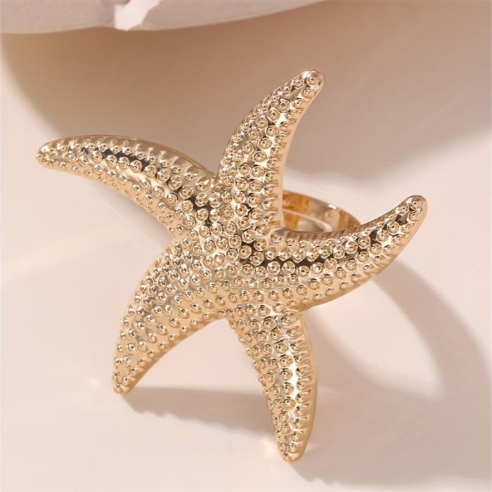 Elegant Faux Pearl & Leaf Hollow Flower Ring - Starfish Charm, Vintage-Inspired Alloy Statement Piece for Women - Perfect for Parties & Gifts