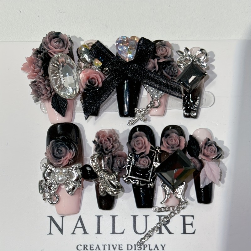10pcs Luxury Handmade Press-On Nails Set - Black & Pink, Long Ballet Shape with 3D Butterfly & Flower Designs, Glossy Finish - Perfect for Parties & Everyday Elegance