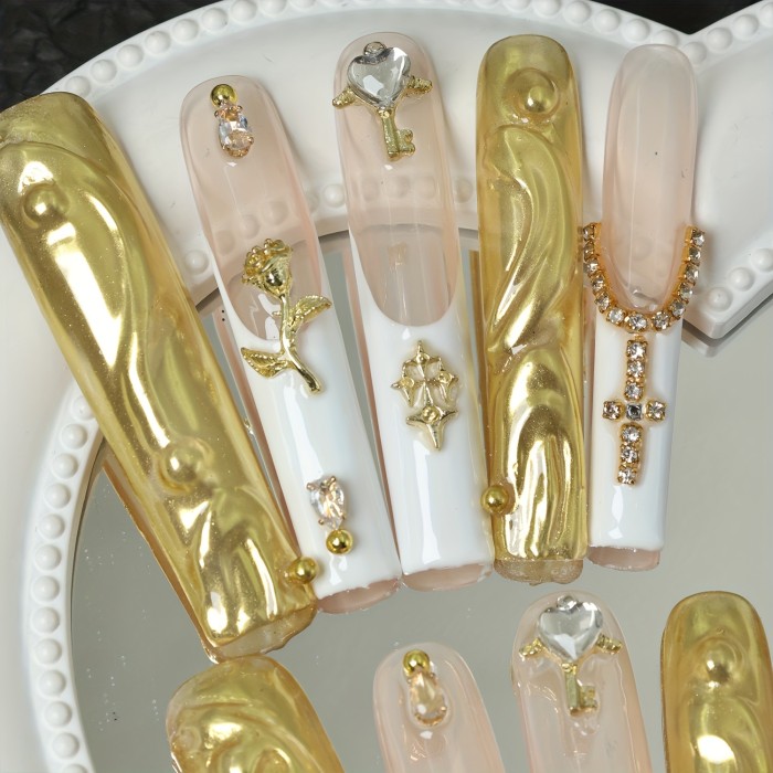 10pcs Super Long Square Press-On Nails with Pearlescent Golden Finish, 3D Flower Embellishments and Rhinestone Accents - Handmade False Nail Set for Weddings, Parties, and Special Occasions