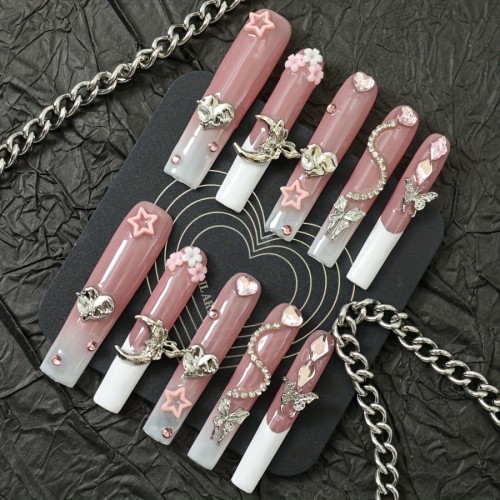 10-Piece Set Super Long Ballet Press-On Nails with Butterfly & Flower Rhinestones, Mixed Tones, Glossy Finish, Handmade Full Coverage Nail Art Tips, Reusable & Durable
