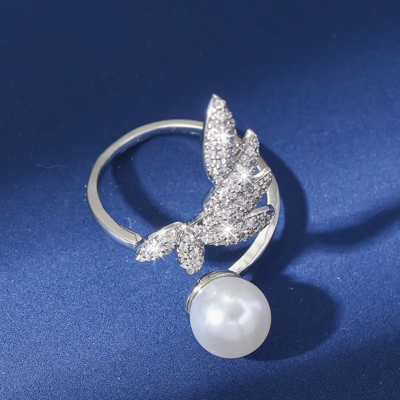 Elegant Adjustable Leaf & Faux Pearl Ring - Vintage Boho Chic, Cubic Zirconia Accents, Copper with Sparkling Stones, Perfect for Parties & Vacations - Women's Fashion Accessory