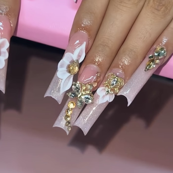 Luxurious 3D Floral Press-On Nails with Sparkling Rhinestones - Set of 10 for Full Coverage - Perfect for Special Occasions - Long, Square Shape - Nude and Pink Hues - Shiny Finish