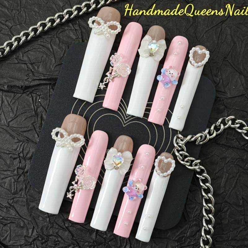 10pcs Hand-Pressed False Nails Set - Ultra-Long Ballet Style, Mixed Colors with 3D Flowers, Pearls, Bows, Dolls, Bears Patterns, Glossy Finish, Durable & Reusable, Easy Application, for Parties\u002FGatherings\u002FWeddings, Fashion Accessories